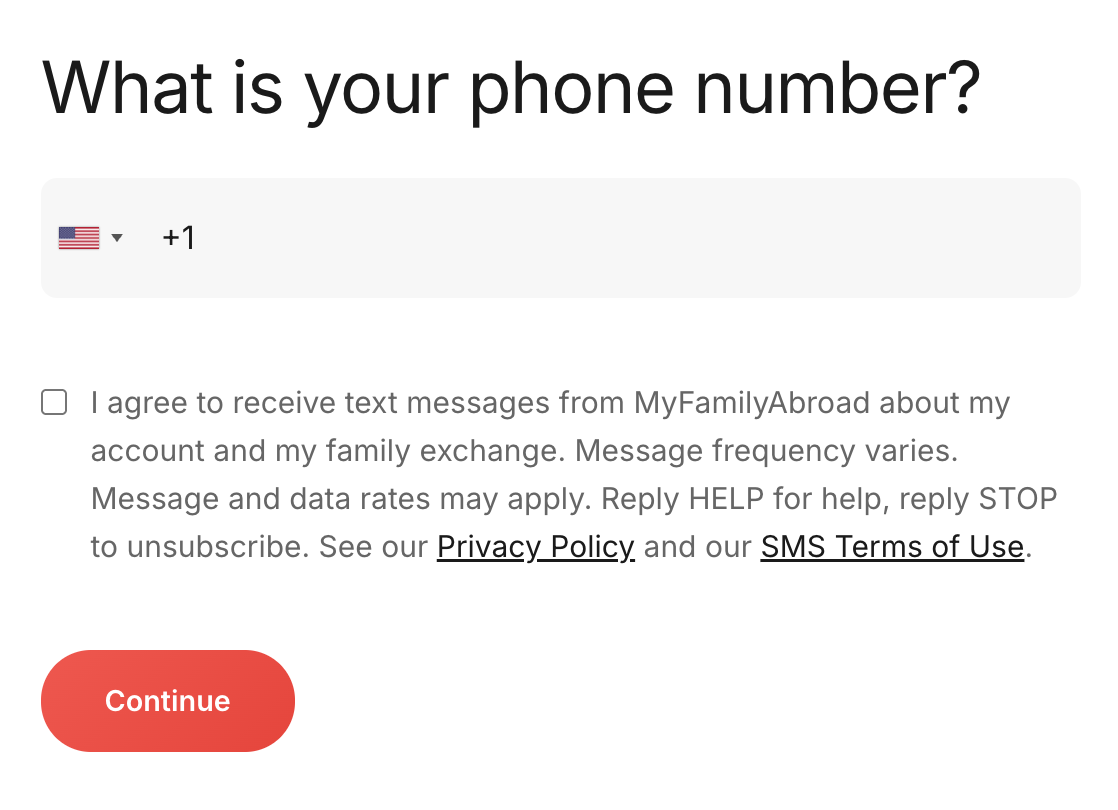 Étape d'inscription demandant le numéro de mobile, avec une case de consentement SMS non cochée sous le champ téléphone